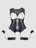 Body Ouvert Effet Cuir & Dentelle Avec Jarretelles Menottes