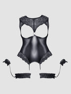 Body Ouvert Effet Cuir & Dentelle Avec Jarretelles Menottes