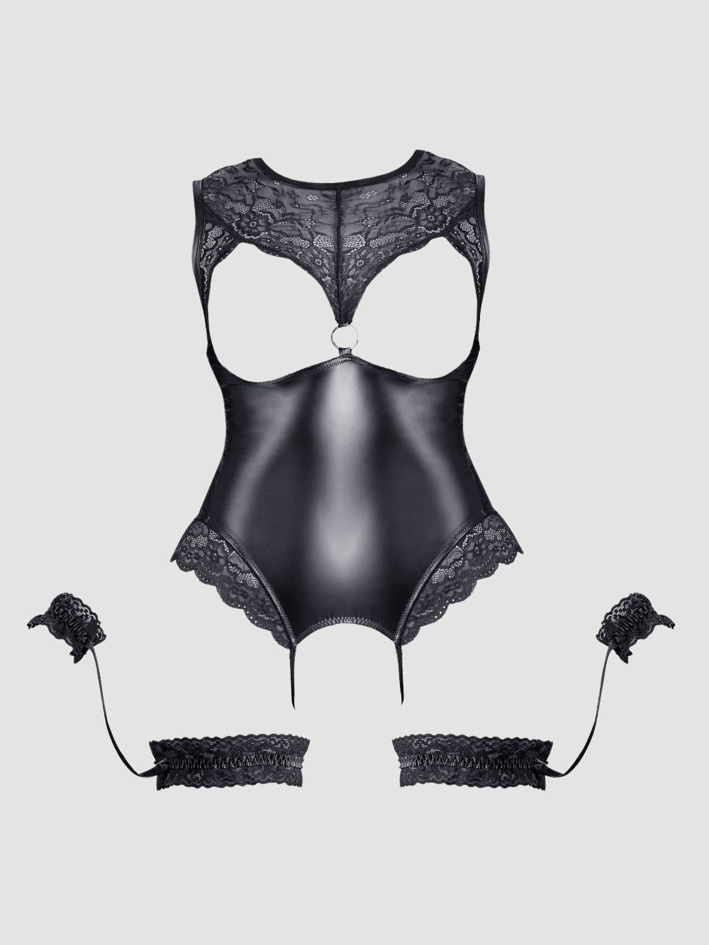 Body Ouvert Effet Cuir & Dentelle Avec Jarretelles Menottes