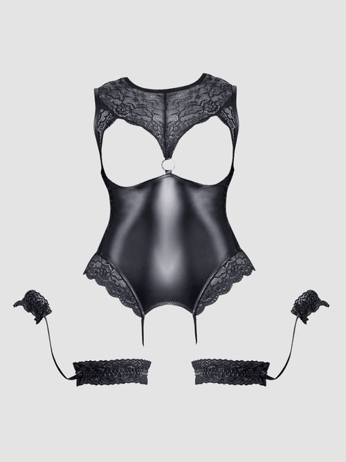 Body Ouvert Effet Cuir & Dentelle Avec Jarretelles Menottes