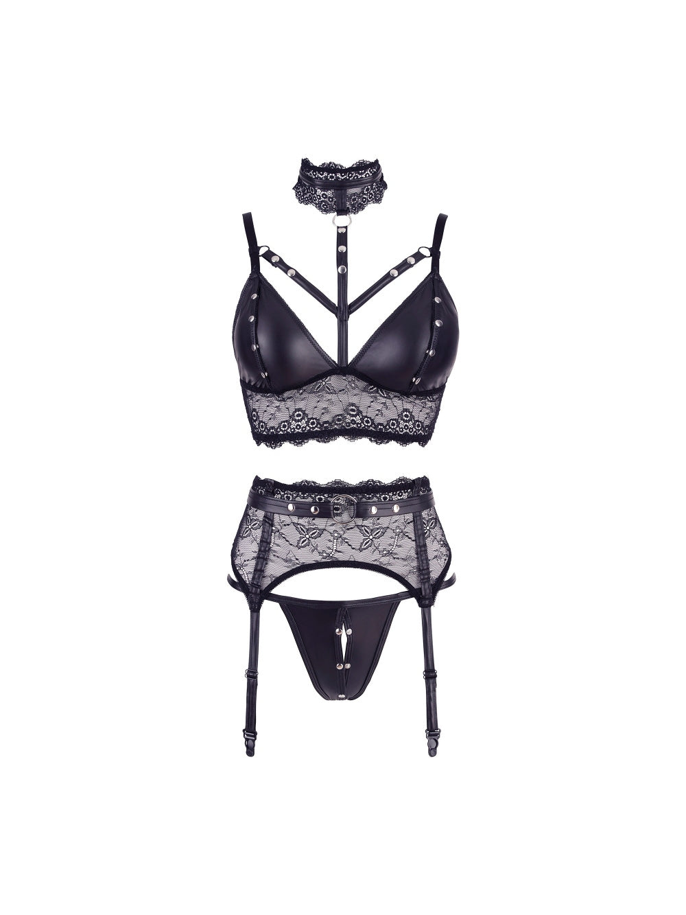 Ensemble 3 Pièces Ouvert Harnais Effet Cuir Mat & Dentelle