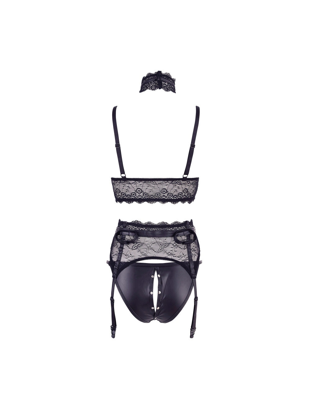 Ensemble 3 Pièces Ouvert Harnais Effet Cuir Mat & Dentelle