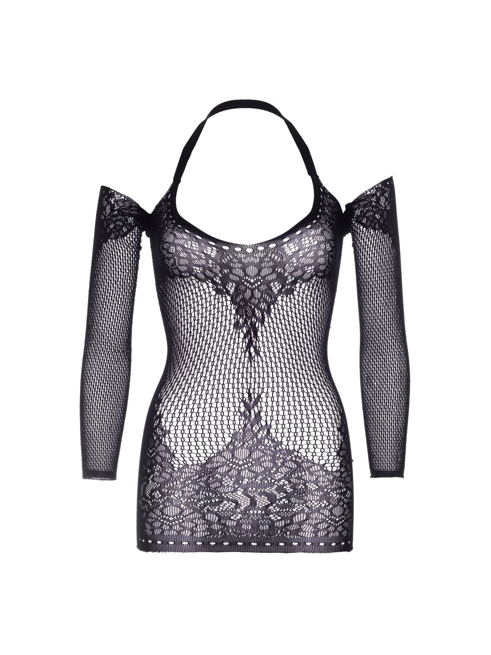 Robe 86956 Col Croisé Résille & Motifs Floraux Noire
