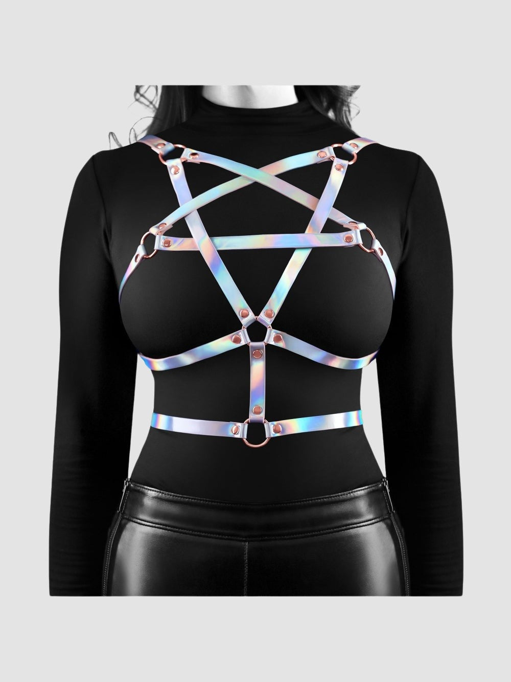 Ensemble 3 Pièces Ouvert Harnais Effet Cuir Mat & Dentelle